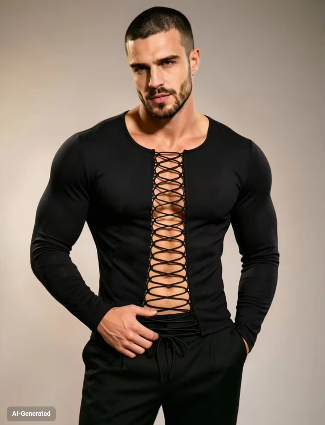 Men's Front Lace-Up Cutout Long Sleeve Muscle Fit Stretch T-Shirt
